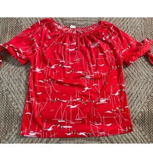 Vtg. Styled By Sybil 70s/80s modern boat seagulls print short sleeve retro mod